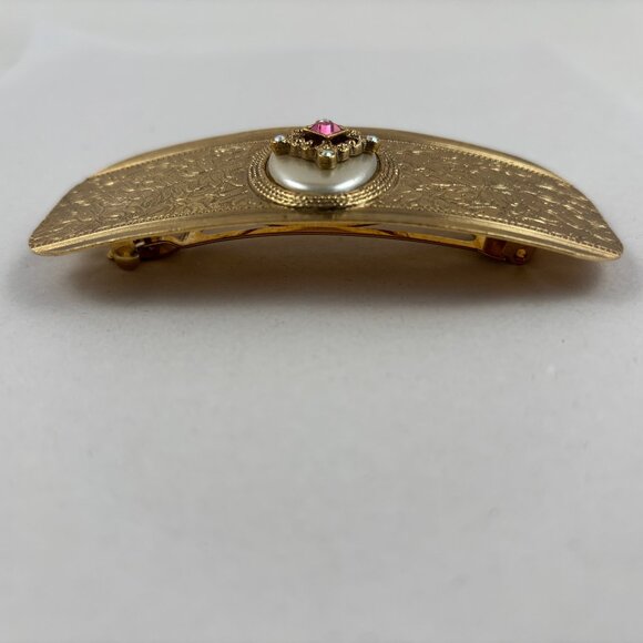 VTG Barrette Gold Tone Rhinestones Rose Floral Details Hair Clip France - Picture 6 of 10